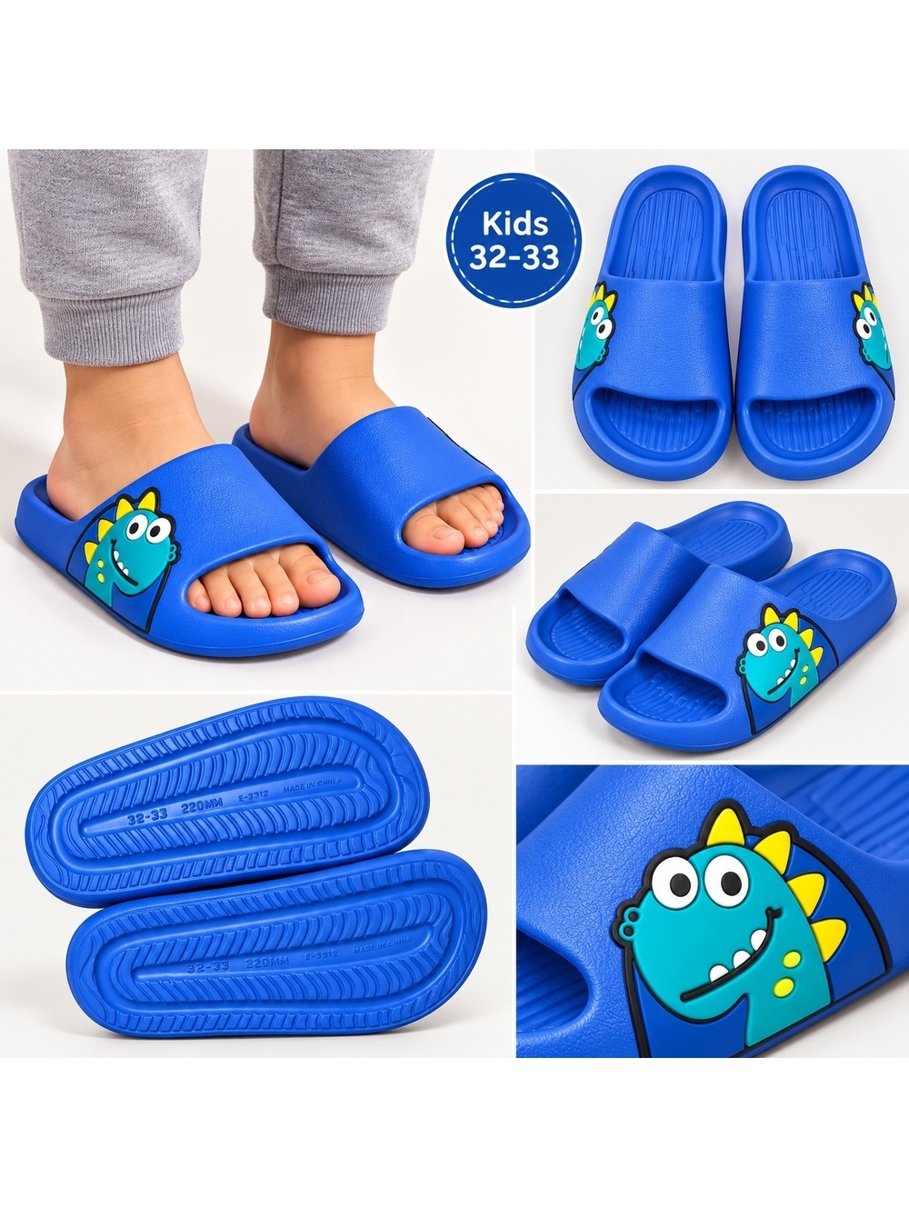 Kids Blue Dinosaur Slide Sandals Size 32 33